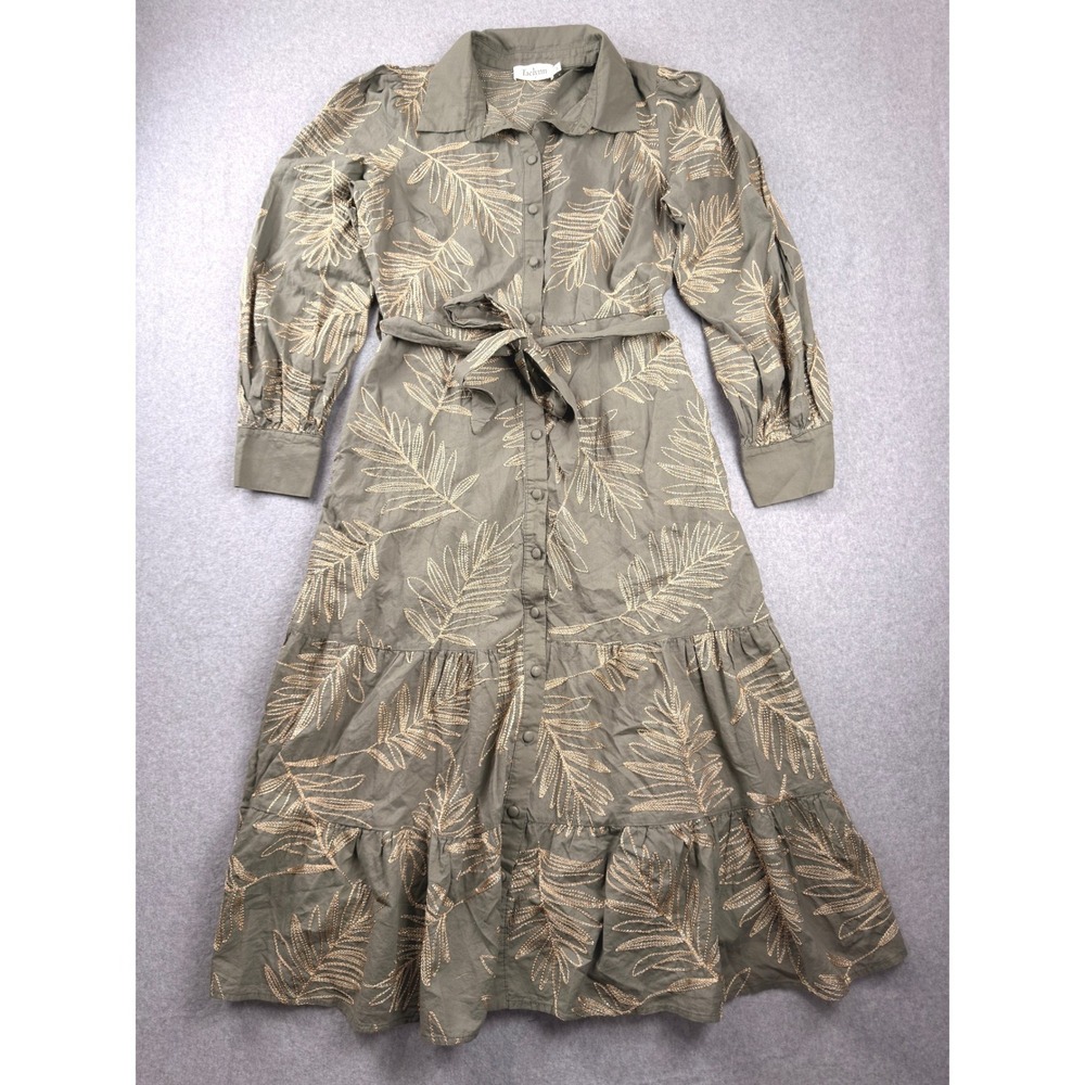Taelynn Olive Green Gold Embroidered Leaf Midi Shirt Dress Size M